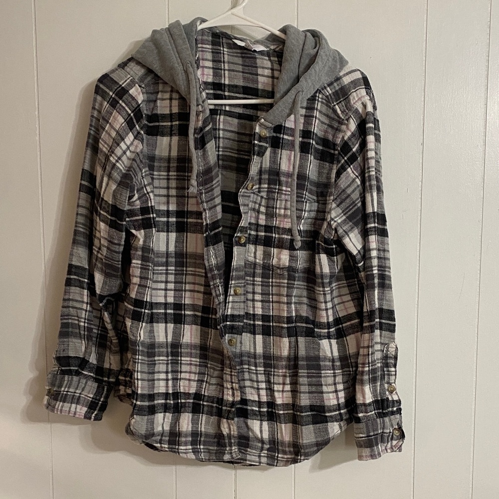 Time & Tru Plaid Button-Up Shirt with Hood